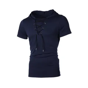 Stylish men's navy blue short sleeve hooded t-shirt featuring a unique lace-up neck design
