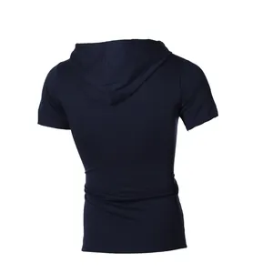 Back view of a navy blue men's hooded short-sleeve T-shirt on a white background