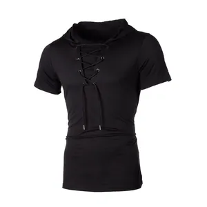 Men's casual black hooded T-shirt with stylish lace-up front design and short sleeves