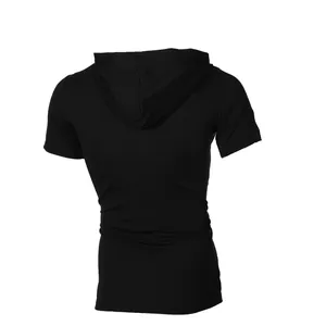 Back view of a black men's hooded short sleeve T-shirt with a minimalist design.