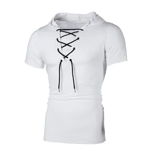 Men's short-sleeve hooded T-shirt with black lace-up neck design on white background