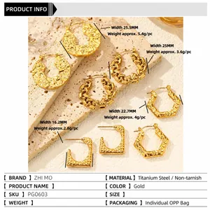 Set of textured gold stainless steel hoop earrings in various geometric shapes