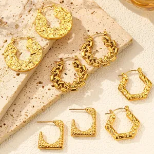 Vintage Irregular Hammered Stainless Steel Hoop Earrings 18K Gold Plated Modern Geometric Ear Buckle For Women Jewelry