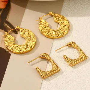 Set of gold hammered texture titanium steel hoop and square earrings for women
