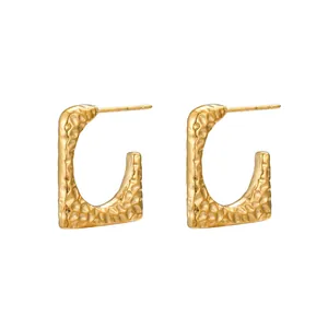 Detailed view of hammered gold rectangular earrings with hollow geometric design