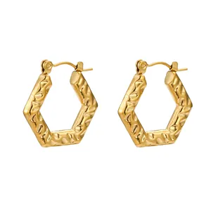 Hammered gold titanium steel hexagonal hoop earrings for women stylish jewelry piece.