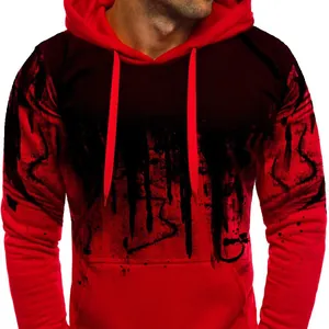 Men's red and black gradient hoodie featuring a stylish ink splat dripping print design