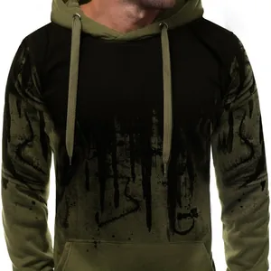 Men's olive green hoodie with black ink splash print for autumn and winter casual wear