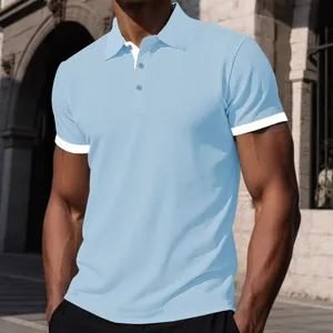 Men's light blue ice silk mesh polo shirt with white trim and color-block design