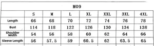 Detailed size measurement chart for winter unisex puffer jacket model M09 in various sizes