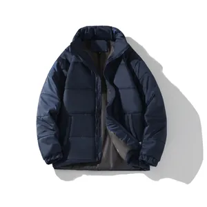 Classic dark blue unisex puffer jacket featuring a stand collar and zipper detail