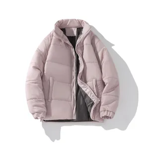 Stylish unisex pink puffer jacket with stand collar and zipper closure for winter