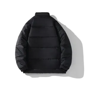 Rear view detail of a classic black unisex winter padded puffer jacket with quilting