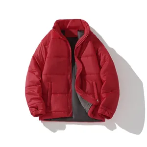 Warm unisex red winter puffer jacket with high collar and horizontal quilting detail