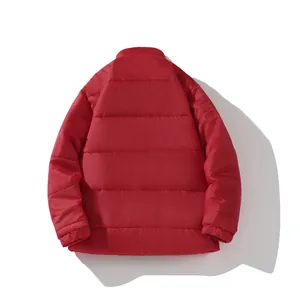 Back view of a vibrant red unisex winter puffer jacket featuring horizontal quilted stitching