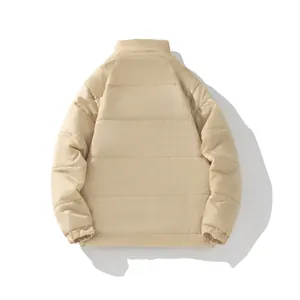 Full back view of a minimalist beige unisex winter puffer jacket with horizontal quilting
