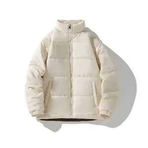 A detailed view of a premium cream unisex winter puffer jacket with stand collar