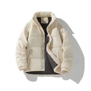 Premium beige winter puffer jacket with stand collar for men and women, warm padded coat.