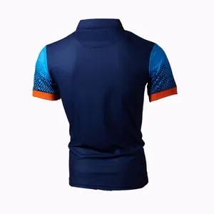Back view of navy blue slim fit polo shirt with gradient blue and orange sleeves