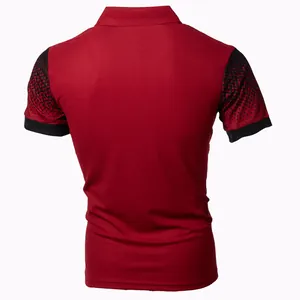 Back view of a men's slim-fit burgundy polo shirt with patterned black short sleeves