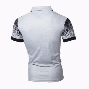 Back view of men's slim fit polo shirt featuring grey fabric and patterned sleeves.