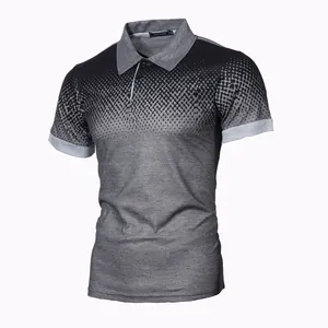 Men's slim fit polo shirt with grey gradient geometric 3D pattern and lapel collar