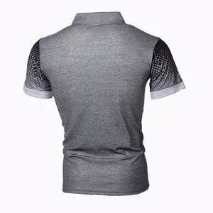 Detailed back view of men's slim fit gray polo shirt with black 3D gradient print sleeves