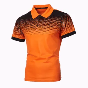 Men's slim fit polo shirt with orange and black gradient 3D geometric print