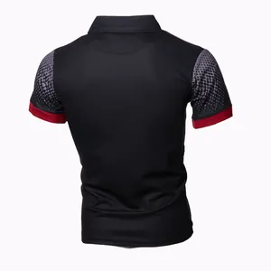 Detailed back view of men's slim fit polo shirt featuring a gradient 3D print pattern.