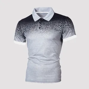 Detailed view of the gradient 3D print pattern on a grey men's slim-fit Polo shirt
