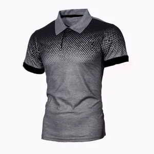 Detailed view of men's slim fit polo shirt with grey and black gradient print
