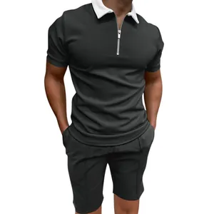 Men's slim fit black polo shirt and shorts set featuring a white zipper collar design