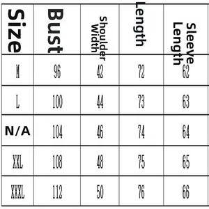 Size chart table for men's long sleeve hoodie showing chest, shoulder, and length measurements