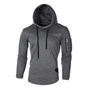 Detailed view of men's dark grey jacquard hoodie with sleeve zipper and drawstring hood