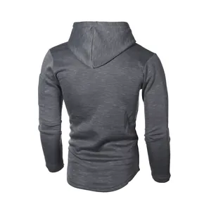 Back view of men's grey heathered hoodie with curved hem and arm zipper pocket.