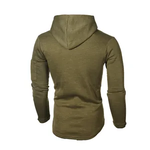 Back view of premium men's olive green jacquard hooded sweatshirt with arm pocket detail
