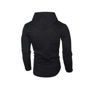 Back view of men's black hooded sweatshirt with curved hem and sleeve zipper detail