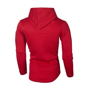 Detailed back view of a red hooded long sleeve sweatshirt for men featuring a slim fit