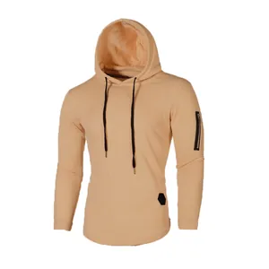 Front view of men's slim fit hoodie with decorative sleeve zipper detail in apricot