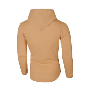 Detailed back view of men's tan long sleeve hooded sweatshirt featuring a curved hem