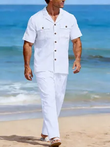 Ensemble chemise à manches courtes et pantalon long en lin blanc pour homme pour la plage