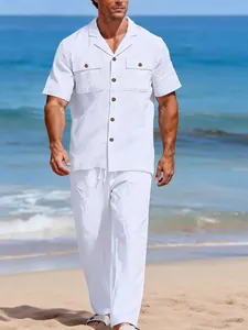 Ensemble chemise lin blanche manches courtes et pantalon long homme plage