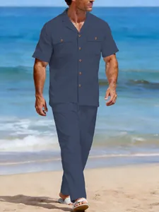 Ensemble décontracté en lin bleu marine pour homme avec chemise et pantalon de plage