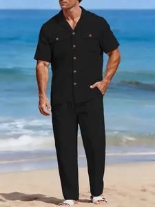 Ensemble décontracté en lin noir avec chemise à manches courtes et pantalon long pour homme