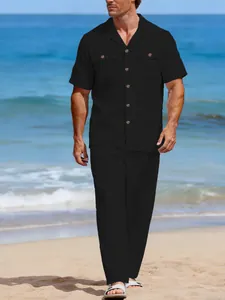 Ensemble décontracté en lin noir pour homme avec chemise courte et pantalon long