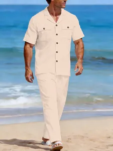 Ensemble décontracté en lin blanc cassé pour homme avec chemise et pantalon