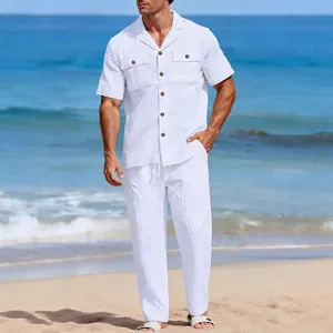 Ensemble Décontracté en Lin pour Hommes Chemise Manches Courtes et Pantalon Long Haut à Boutons et Pantalon à Cordon