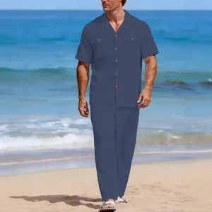 Ensemble deux pièces en lin bleu marine pour hommes avec chemise et pantalon de plage