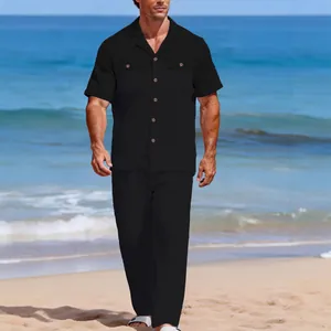 Ensemble deux pièces pour homme en lin noir, chemise manches courtes et pantalon de plage
