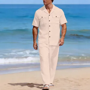 Ensemble de vacances en lin deux pièces pour hommes avec chemise et pantalon long